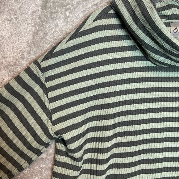 Lou Grey Women Green Striped Cowl Neck Slouchy Stretch Relaxed Waffle Knit Top S - Picture 3 of 9